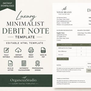 May include: A digital debit note template featuring a white background with dark green accents. The document includes sections for supplier information, reason for debit, item descriptions, and totals. Text includes 'DEBIT NOTE', 'YOUR BRAND', and 'OrganexaStudio'.