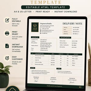 May include: A digital delivery note template displayed on a laptop screen, featuring the OrganexaStudio logo, contact details, and a structured table for item descriptions, SKUs, quantities, and units. The document includes sections for delivery details, notes, terms, and signature lines for preparation, checking, and receipt.