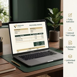 May include: A silver laptop displaying a Veridian Global proforma invoice template on its screen. The screen shows seller and buyer details, a table with item descriptions, quantities, unit prices, and totals, plus payment details and a total due.