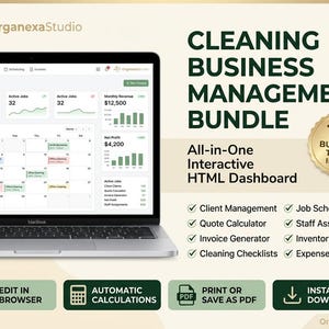 May include: A laptop displaying a cleaning business management dashboard with charts, a job schedule, and financial data. Text includes CLEANING BUSINESS MANAGEMENT BUNDLE, 10+ BUSINESS TOOLS IN ONE, and features like Client Management and Invoice Generator.
