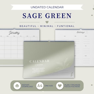 Puede incluir: Un calendario de pared de color verde salvia sin fecha que incluye una cuadrícula mensual para enero, una página de seguimiento de cumpleaños y una portada con el texto "CALENDAR UNDATED Plan your months Priorities and important dates." Encuadernación en espiral.