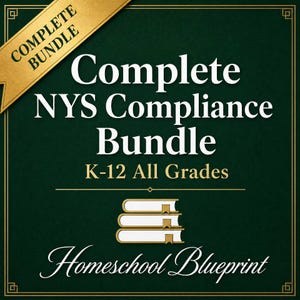 May include: A dark green square graphic with a gold banner in the top left corner reading COMPLETE BUNDLE. The text reads Complete NYS Compliance Bundle K-12 All Grades and Homeschool Blueprint, featuring an icon of three stacked books.