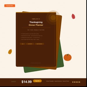 May include: A digital Thanksgiving Dinner Planner template featuring a dark brown interface with white text. The layout includes sections for a menu, timeline, shopping list, and guest tracker, with buttons for Excel 2016+ and instant download.