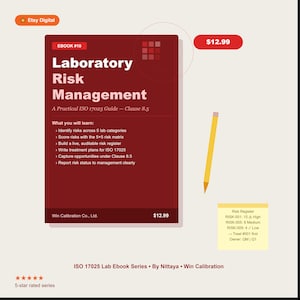 May include: A dark red digital ebook cover titled Laboratory Risk Management: A Practical ISO 17025 Guide - Clause 8.5. It lists learning objectives, a yellow pencil, and a yellow sticky note with risk register data. The text includes Win Calibration Co., Ltd.