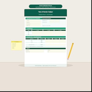 May include: A digital Vernier Calibration Record Excel template featuring a dark green header with the text Test of Vernier Caliper. The form includes sections for UUC data, environmental conditions, parallel check, accuracy test, and sign-off fields.
