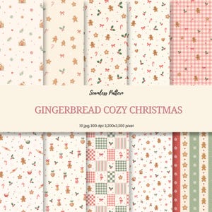 Könnte beinhalten: Eine Sammlung von zehn nahtlosen digitalen Mustern mit Lebkuchenmännern, Zuckerstangen, Stechpalmen und Sternen auf cremefarbenen und karierten Hintergründen. Der Text lautet Seamless Pattern GINGERBREAD COZY CHRISTMAS 10 jpg 300 dpi 3200x3200 Pixel.