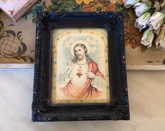 VINTAGE JESUS Print - Antique Jesus Gesso Framed Religious Print - Angel Print = Convex Bubble Glass - Victorian Jesus Print