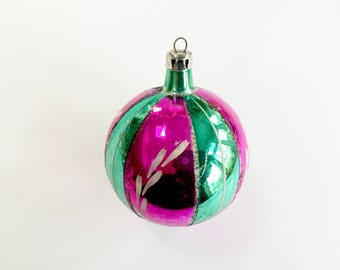 VINTAGE Christmas ORNAMENT - Poland Ornament - Slices Glitter - Green Pink  - Hand Painted Floral Flowers - Christmas Ornament