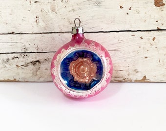 VINTAGE Indented CHRISTMAS ORNAMENT - Poland  Indent Ornament - Pink Silver Flames - Blue Inside