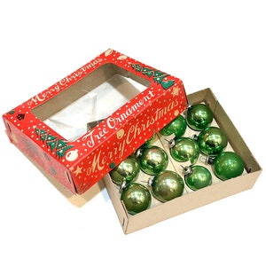VINTAGE Green Feather Tree Christmas Ornaments - Japan Small Glass Ornaments  - 12 Boxed Set - 1” In Box - 1 inch