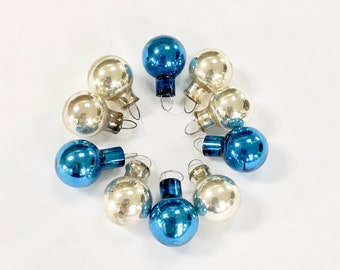 VINTAGE Feather Tree Christmas Ornaments - Blue Silver Small Glass Ornaments - With Wire - Half Inch