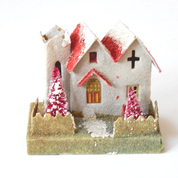 VINTAGE PUTZ HOUSE - Church - Red White - Pink Bottle Brush Tree - Mica Glitter - Cardboard - Great for Christmas Village