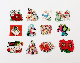 Lot of 12 1950's Unused Vintage Christmas Gummed Seals Stickers Diecut Mid Century Sparkles  Glitter - 1" +