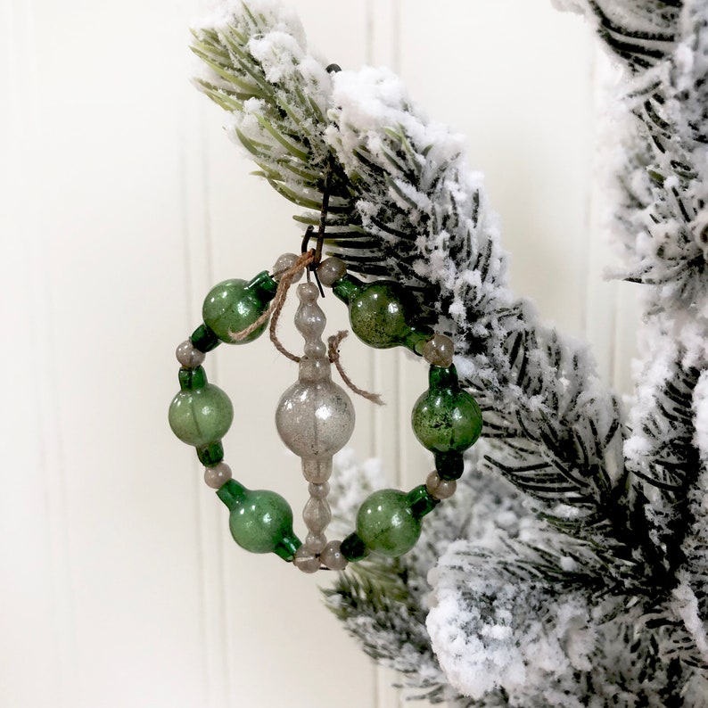 VINTAGE CHRISTMAS ORNAMENT Green Silver Beaded Ornament Etsy