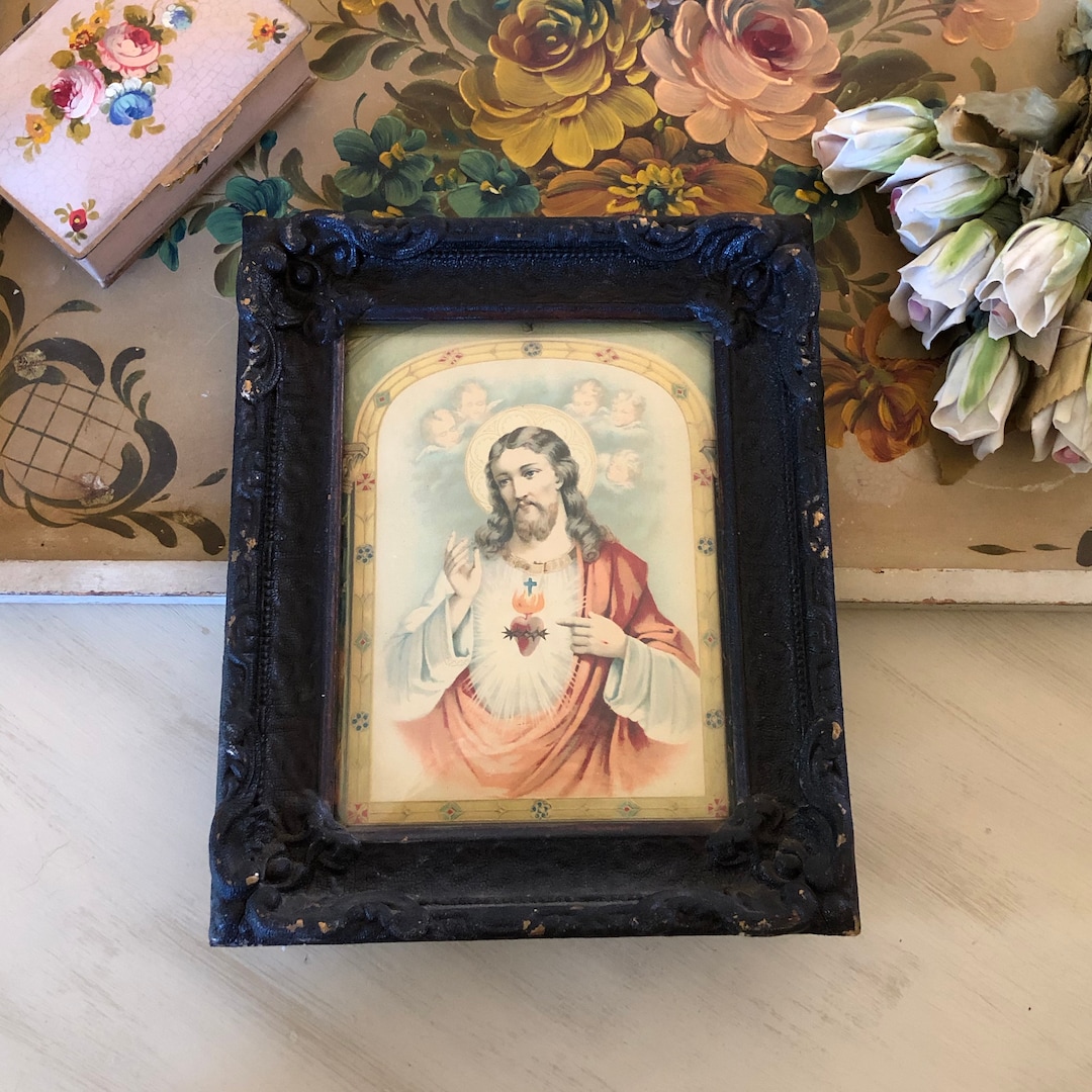 VINTAGE JESUS Print Antique Jesus Gesso Framed Religious Print Angel