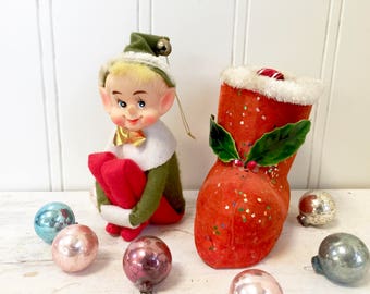 VINTAGE HUGGER ELF - Inside Red Boot - Knee Hugger Elf - Japan Elf - Japan Pixie - Christmas Ornament Decoration