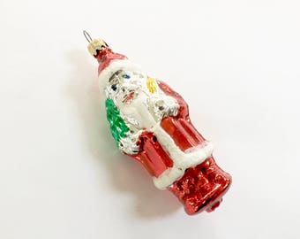 WEST GERMANY SANTA - Holding Sack and Tree - Vintage Christmas Ornament - Figural - Glass - Hand Painted - Delicate