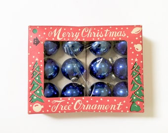 VINTAGE Blue Feather Tree Christmas Ornaments - Japan Small Glass Ornaments  - 12 Boxed Set - 1” In Box - 1 inch