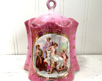 Victoria Carlsbad Austria Antique Pink Bisquit Cracker Jar - Women Cherub Scene Signed Kauffman