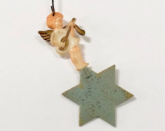 VINTAGE Christmas ANGEL Ornament - Angel on Star With Instrument  - Made in Japan -  Cherub Ornament - Hanging Plastic