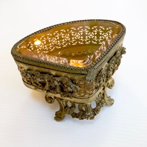 Vintage Pink Glass Box - Pink Jewelry Casket - Gold Metal Beveled Glass - Ormolu Filigree Box - Rose Floral Box