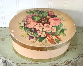 Vintage Floral Wooden Hat Box – Cabbage Roses, Shabby Chic Storage 13”x8”