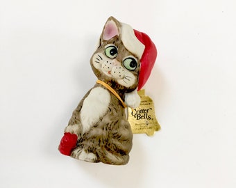VINTAGE CRITTER Bells - Christmas Cat Figurine - Porcelain Bisque Figure - Jasco 1980