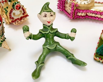 VINTAGE Elf Christmas ORNAMENT - Green Ceramic Elf - Pixie ornament - 1950's Elf