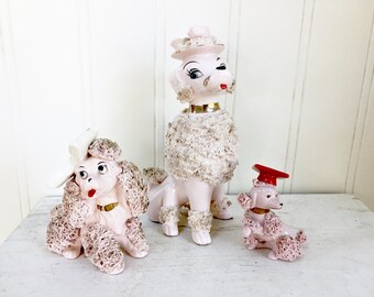 Large VINTAGE PINK SPAGHETTI Poodle - With Floral Hat - Kitsch Poodle - Japan Poodle 1950s