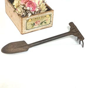 Rare Shape Unusual 11” Vintage Gardening Hand Rake And Spade Shovel, Double Sided Garden Tool Combo