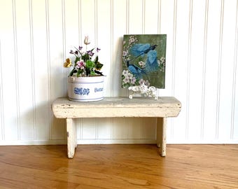 Vintage White Chippy Wooden Bench – Rustic Cottage Chic Stool