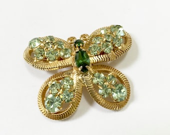 Vintage Weiss Butterfly Pin Brooch - Green Crystal Pin - Gold Tone - Designer Signed