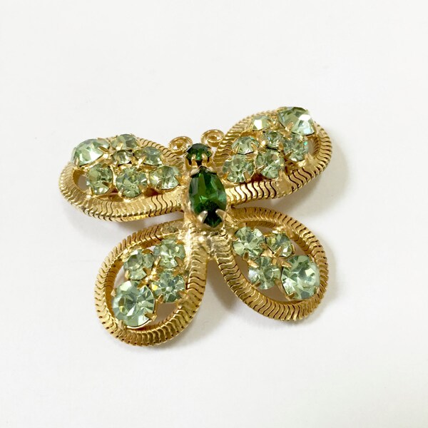 Vintage Weiss Butterfly Pin Brooch - Green Crystal Pin - Gold Tone - Designer Signed