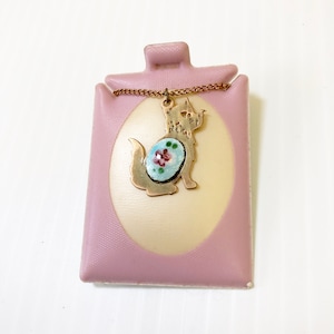Vintage Guilloche Enamel Rose Cat Necklace - Silhouette of Cat Pendant - Gold Tone - 1950&#39;s