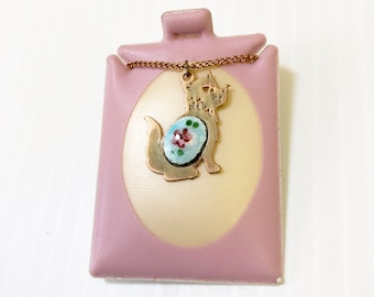 Vintage Guilloche Enamel Rose Cat Necklace - Silhouette of Cat Pendant - Gold Tone - 1950&#39;s