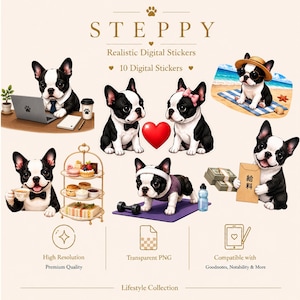 May include: A collection of 10 digital stickers titled STEPPY featuring black and white French Bulldogs in various activities including working on a laptop, relaxing at the beach, exercising on a yoga mat, and enjoying tea with a tiered food stand.