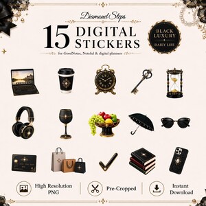 Black Luxury Digital Stickers | 15 Elegant Daily Life PNG Stickers | Chic Planner Stickers for Goodnotes