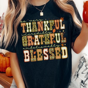 May include: A black short-sleeved t-shirt featuring the text "so very THANKFUL incredibly GRATEFUL unbelievably BLESSED" in a multi-colored plaid and polka dot pattern, accented with small orange and brown autumn leaf illustrations.