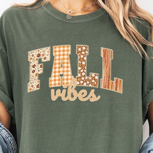 Comfort Colors Fall Vibes Shirt | Floral Gingham Letter Tee – Patchwork Autumn T-Shirt for Women