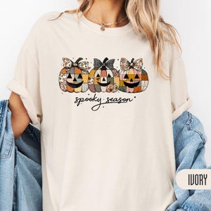 Spooky Season Patchwork Pumpkin Shirt | Bow Trio Tee – Cottage Halloween T-Shirt for Women