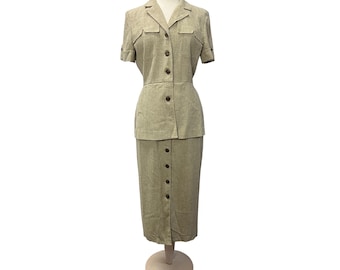Danny & Nicole Tan Tweed Dress 8 Vintage Safari Preppy Academia Tailored Classic