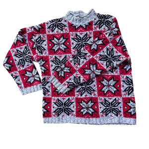 Vtg Nordic Sweater Snowflake Check Plaid Gray Red Black Cotton Winter Size L