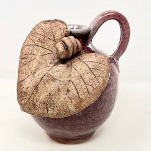 Mother Earth Pottery Jug Glazed Plum Gray With Brown Grape Leaf and Tendril 6”