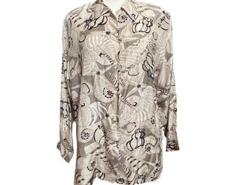 Vtg Silk NCounter Button Up Shirt Shell Starfish Beige Black XL ? No Size Tag