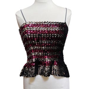 Vtg Norman Berg Sequin Disco Peplum Tube Strap Top Black Pink Ombre Sz 11/12