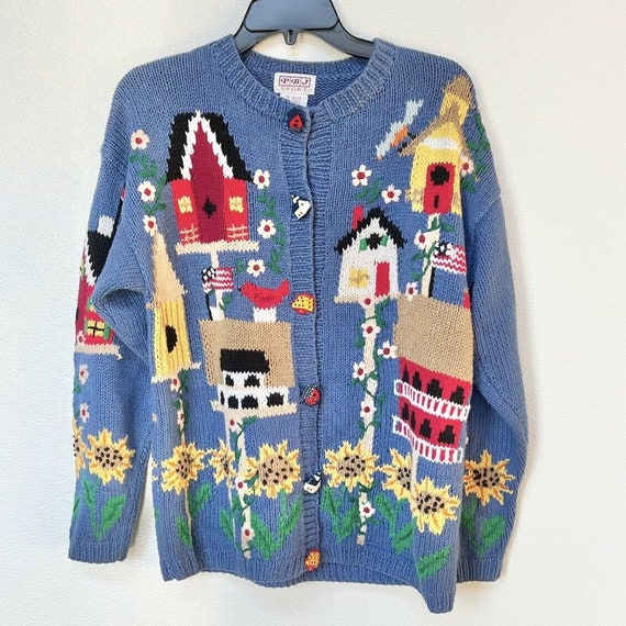 Vtg PBJ Knit Birdhouse Cardigan Sweater Womens Siz