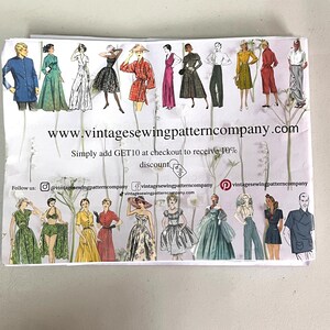 May include: A paper with vintage fashion illustrations. The paper features a website address, social media handles, and the text "Simply add GET10 at checkout to receive 10% discount". The illustrations depict various outfits.