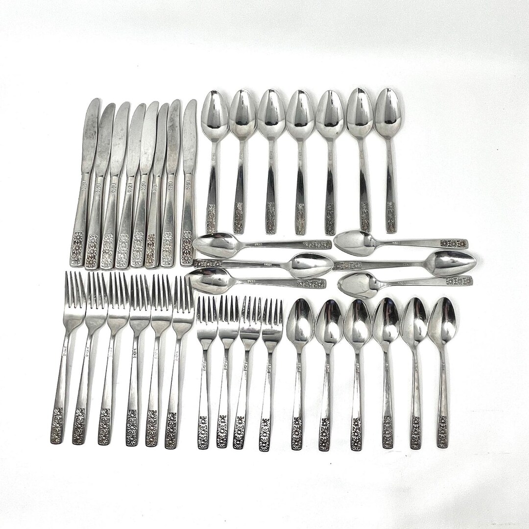 Rogers Suncrest Stainless Flatware Set 35pc Floral Daisy Japan Mid ...