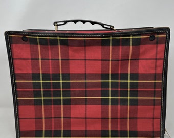 Vintage 1960's Red Plaid Fabric Folding Collapsible Small Lightweight Suitcase