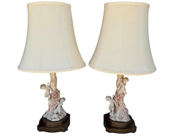 Vtg Cherub Baby Porcelain Table Lamps Gold Base Pair Set 2 Formal Cottage  READ